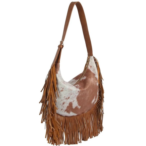 NEW Faux Suede Brown Cow Print Fringe Hobo Shoulder Bag - Picture 5 of 5